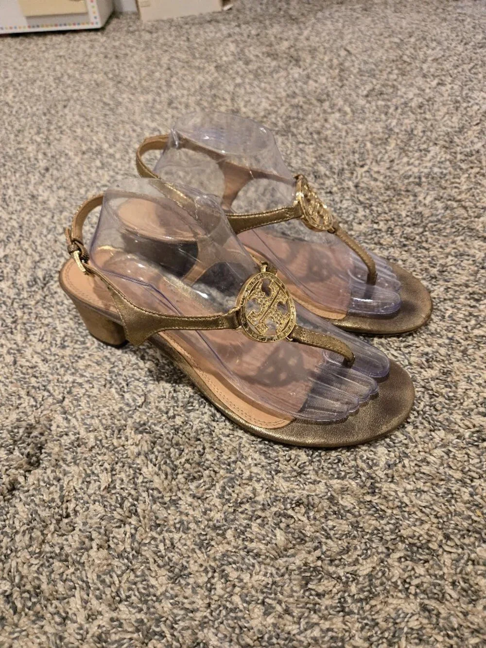 Tory Burch Satin Crystal Embellished Block Heel Sandals Gold 10M